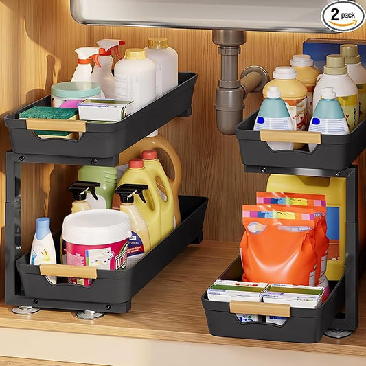 Homde Sliding Under Sink Organizer: 2-Pack Pull-Out Rack for Kitchen | 4 Easy-Access Baskets for Cluttered Cabinets - Busy Families Find Everything Instantly - Full-Extension Glide Design