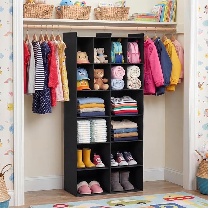 6 Tier Hanging Closet Organizer, 16 Compartments Dual Row Storage, Black | Closet Organizers and Storage with Large & Small Pockets, 3 Sturdy Hooks Support Heavy Loads, Ideal for Dorm, Garment Rack