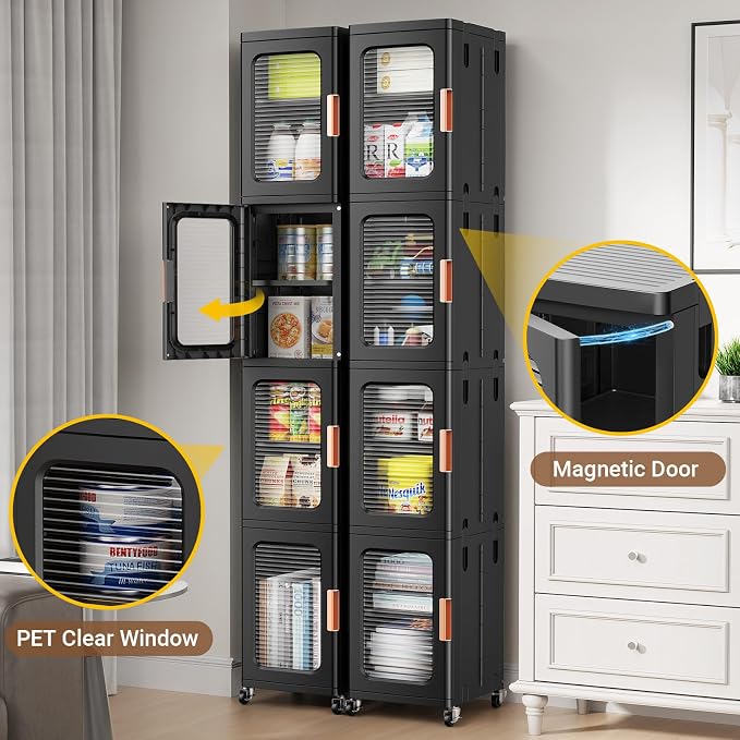 BROVIEW 6-Tier Tall Narrow Storage Cabinet Organizer, Slim Bathroom Cabinets with Adjustable Shelves and Doors, Plastic Kitchen Pantry Organizers and Storages for Small Space, Laundry, Black