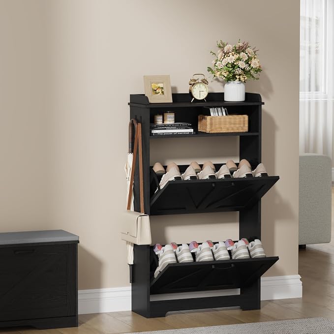 Farmhouse Narrow Shoe Cabinet with 2 Flip Drawers, 23.6" W Black | Freestanding shoe storage cabinet for entryway,foyer and hallway,slim design width and space-saving flip drawers