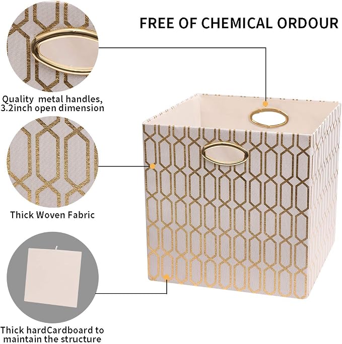 Posprica Storage Bins, Storage Cubes,13×13 Fabric Drawers Organizer Basket Boxes Containers (13×13×13/4pcs, Cream/gold geometry Pattern)