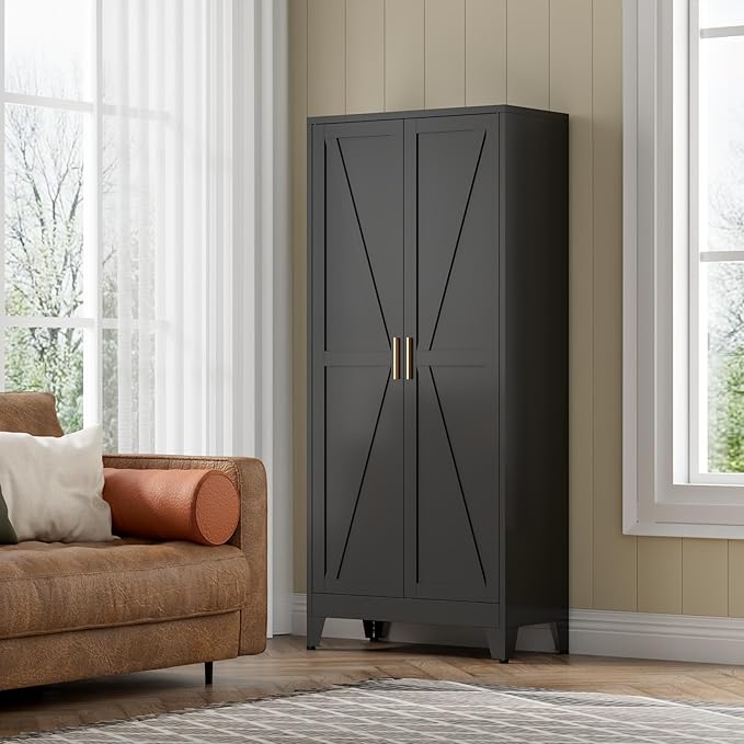 COFaR Black Farmhouse Storage Kitchen Pantry Cabinet with 2 Barn Door, 3 Adjustable Shelves and Legs, for Cupboard/Dining Room/Bathroom/Living Room/Office/Laundry Room (Black, 61" Farmhouse)