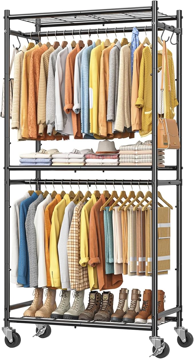 Simple Trending Clothing Rack, Portable Closet, Clothes Rack, Black | Wardrobe Closet with Mesh Shelves & Hooks, Metal Garment Rack, 360° Lockable Wheels, Multi-Functional, for Bedroom, Laundry