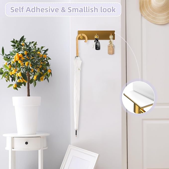 VIS'V Key Holder Wall Mount, Small Adhesive Key Hanger with 3 Hooks, Gold | Metal Material, No Drilling, Extra Adhesive Strip, Suitable for Entryway, Hallway, Doorway, Kitchen, Garage, Camper