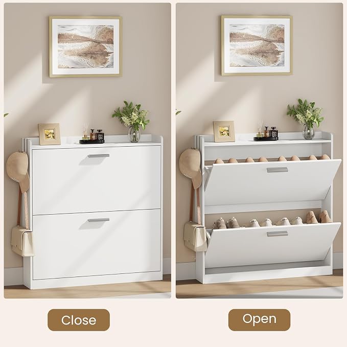 Shoe Cabinet Organizer with 2 Flip Drawers,Narrow Shoe Rack 31.5" W White | Freestanding shoe storage cabinet for entryway,foyer and hallway,space-saving flip drawers,Adjustable Shelves & 2 Hooks