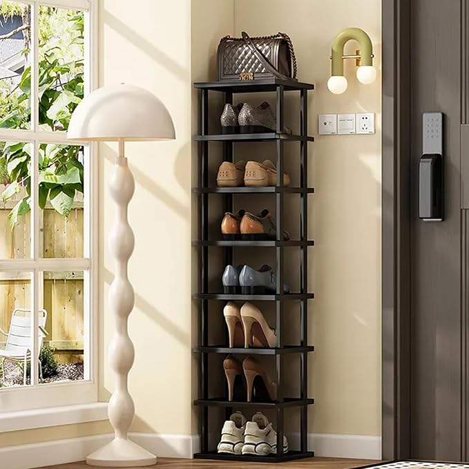 Vertical Shoe Rack - Tall Narrow Shoe Rack Organizer for Small Spaces,12 Tier Bamboo Shoen Shelf for Entryway,Closet,Corner,Doorway,Skinny Shoe Shelf Space Saving Shoe Storage,Free Stackable DIY