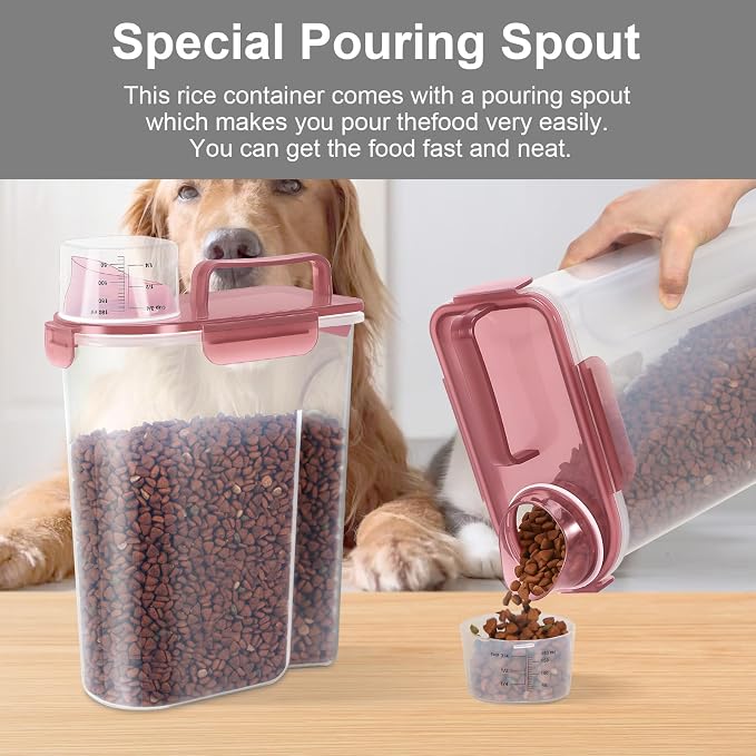 LEAWALK 5-7Lbs/6Qt Dog Cat Storage Container Portable with Upgraded Large Spout and Cup, Plastic Pet Food Dispenser for Small Animal Kibble, Bird Seed, Oatmeal, Rice, Flour, Brown Sugart- Clear pink