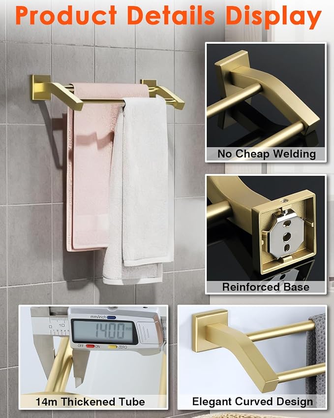 Alise Double Towel Bar, 20" Towel Racks for Bathroom Wall Mounted, Gold | SUS304 Stainless Steel Bathroom Towel Holder, Quick Drying Towel Hanger Towel Rod