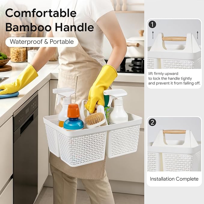 UUJOLY Portable Plastic Shower Caddy Basket with Wooden Handle, White | Divided Storage Organizer Tote for Bathroom, Dorm, College, Kitchen & RV – Lightweight, Easy-Carry Essentials Caddy
