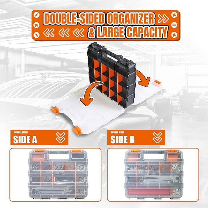 Jack Boss Tool Box with Transparent Lid, Double Side 34-Compartments Organizer Box with Removable Dividers for Hardware, Screws, Bolts, Nails, Beads, Jewelry and Fishing Accessories, Orange, 4 Pack
