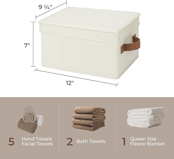 StorageWorks Storage Bins with Lids, Decorative Storage Boxes with Lid and PU Handles, Foldable Storage Baskets for Closet, Shelves, Stackable, Ivory, Medium, 3-Pack