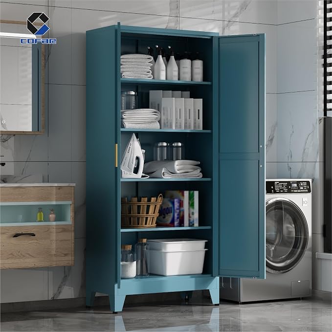 COFaR Metal Pantry Cabinet with Doors, Farmhouse 71'' Tall Storage Cabinet with 4 Adjustable Shelves, Kitchen Pantry Cabinet for Dinning Room, Laundry, Peacock Blue 5-Tier