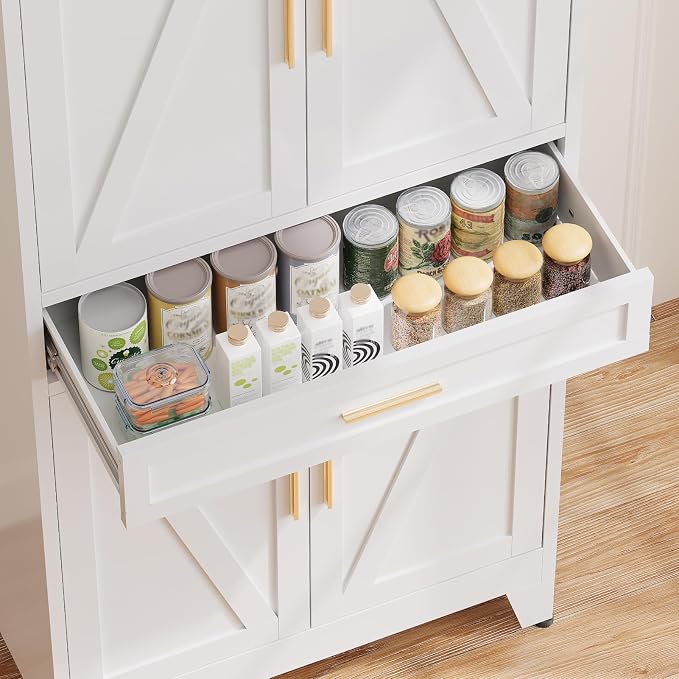 COFaR 71 in Tall Kitchen Pantry Cabinet with Drawer, Metal Pantry Storage Cabinet with 4 Adjustable Shelves and 4 Barn Doors, White Freestanding Farmhouse Food Cupboard for Dining Room