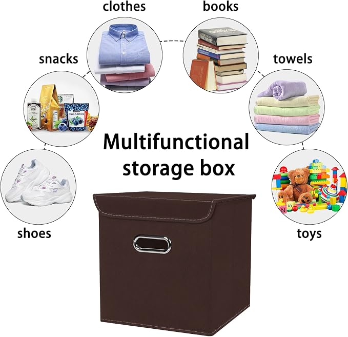 Closet Organizers Fabric Storage Bins With Lids Collapsible Cube Storage Organizer Basket With Handles,Storage Boxes for Clothes Storage,Office,Laundry,Shelves,6 Pack,（Coffee）