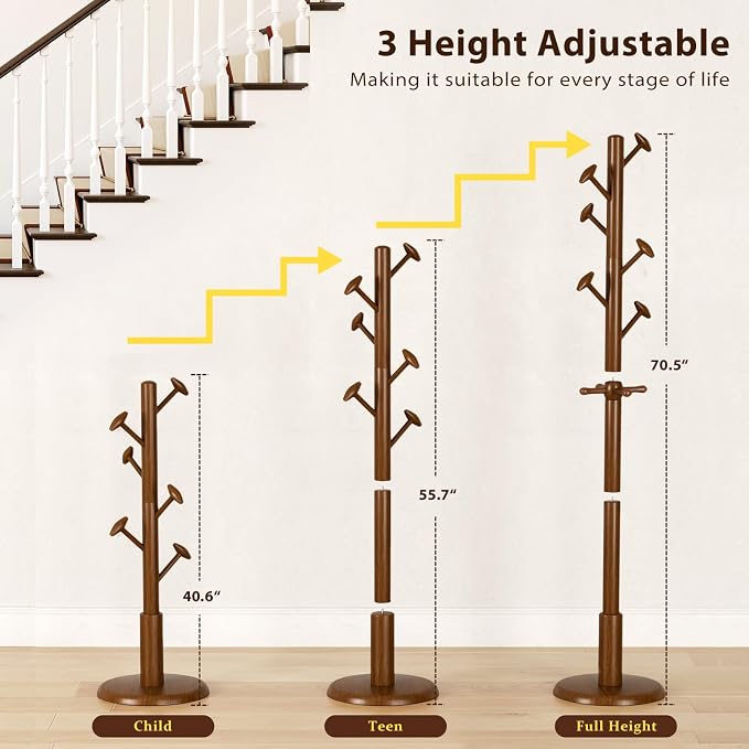 Taitiy Solid Wood Coat Rack Freestanding Coat Tree with 10 Hooks | for Bedroom, Livingroom, Entryway, Sturdy Coat Hanger Stand for Hats, Coats, Scarves, Handbags, Purses