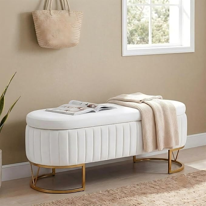 46" Storage Ottoman Bench, Velvet Oval End of Bed Bench Ivory | Easy 1-Min Assembly, High-Resilience Foam, Large Hidden Storage, Sturdy Gold Metal Legs
