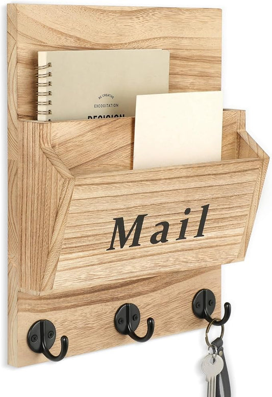 Mail and Key Holder, Wall Key Holder with 2 Mail Organizer Slot and 3 Hooks | Decorative 8.86" x 11.42" Mail Holder, Real Paulownia Wood with Keyhole Brackets, Hardware and Instructions