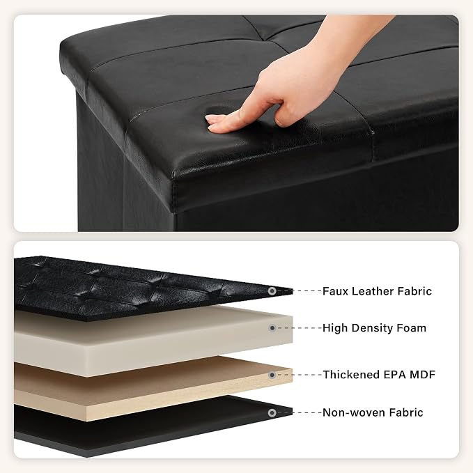 PINPLUS Folding Storage Ottoman Bench, Black Faux Leather Long Ottoman Chest, Footrest Seat, Blanket Storage for Living Room Bedroom Office Hallway, 43.3"x15"x15"