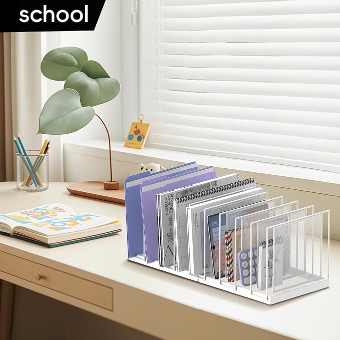 9-Section Desk File Organizer, Vertical File Holder, Mesh Desktop File Folder Metal File Organizer Stand for Office Home Classroom, White