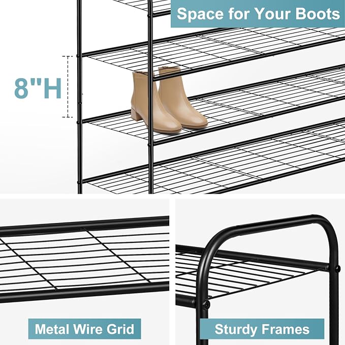 AOODA 4 Tier Long Metal Shoe Rack for Closet Wide Stackable Shoe Storage Organizer for Entryway, Bedroom, Floor, Holds 30 Pairs Men Sneakers Large Boot Shelf with Wire Grid, Black