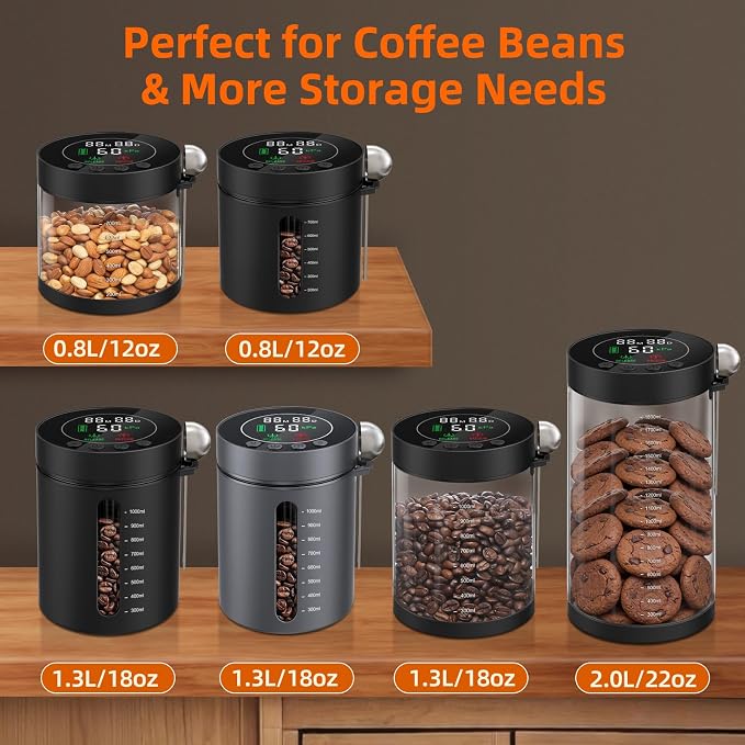 Automatic Vacuum Coffee Canister, 0.8L Coffee Container with LED Display | Smart Pressure Sensor,Window,Scoop Rechargeable Airtight Electric Coffee Bean Storage for Home Kitchen Ground Food Storage