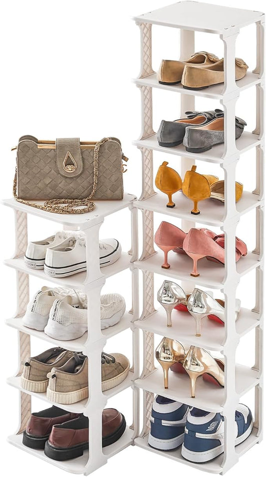 5 Tiers Vertical Shoe Rack, Narrow Free Standing Shoe Storage Organizer for Entryway and Small Closet, Stackable Shoe Holder Shelf Stability DIY, Beige