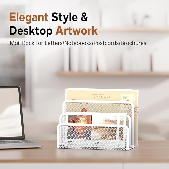 Mail Organizer Countertop for Desk, Mail File Holder with 3-Slot, White | Metal Mesh Mail Sorter for Letters, Envelopes, Bills, and Files for Home Offices, Classroom Organization