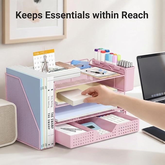 ECOLOVI Desk Organizer, 4-Tier Paper Organizer Letter Tray with File Holder, Drawer and 2 Pen Holders, Desktop File Organizer for Office Supplies, Workspace Storage, Pink
