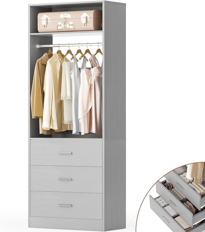 Besiost Freestanding 2FT Closet System with 3 Wood Drawers, 24" Closet Organizer System with Hanging Rod & Shelves, Walk-in Closet Systems for Small Closets, Grey (24"L x 15" W x 80" H)
