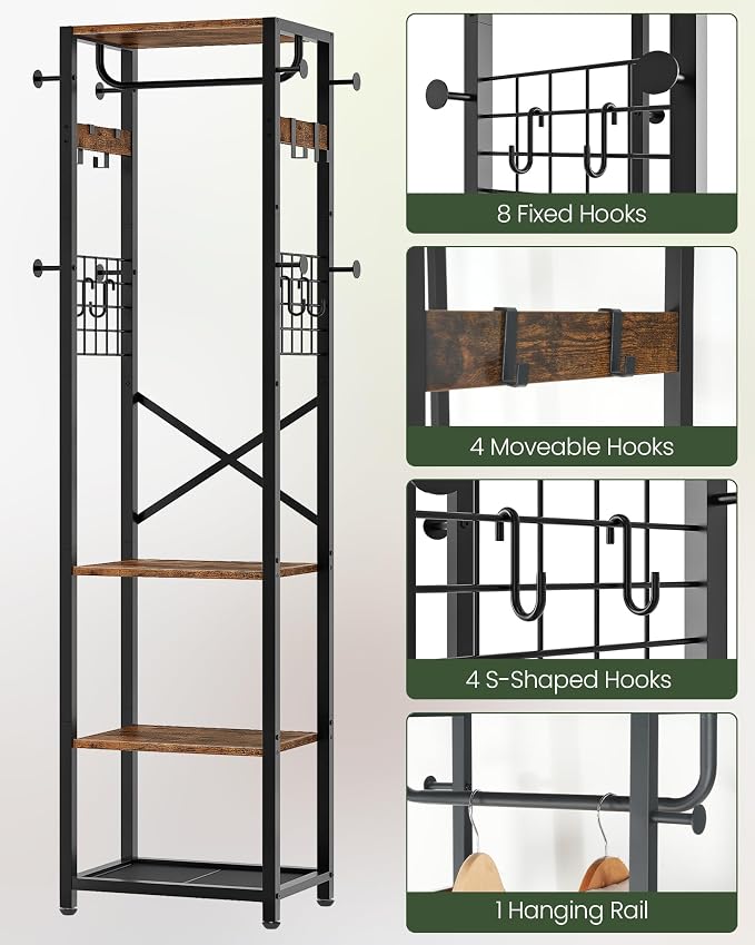 CHOEZON Coat Rack with Shelves, Freestanding Hall Tree, Coat Tree with 16 Hooks and Hanging Rail, Industrial Clothes Stand for Entryway, Hallway, Bedroom, Rustic Brown and Black TYM18BF