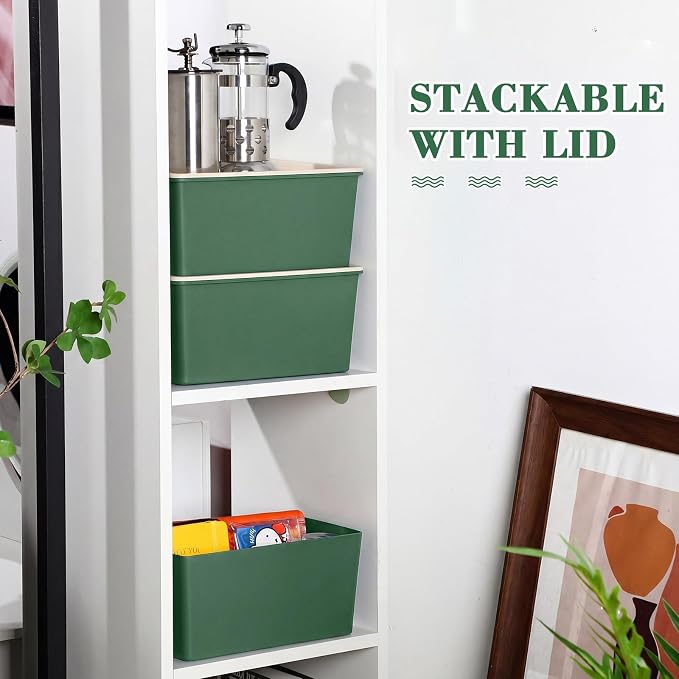 4 Pcs Storage Bins with Lids Plastic Stackable Containers for Classroom Room Organizing Shelves Christmas Ornament Box Baskets(Green,Small)