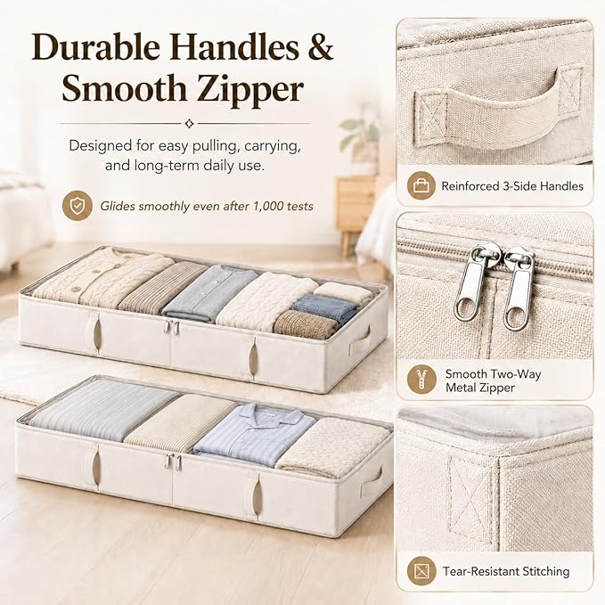 Vailando Side-Supported Under Bed Storage Containers, 6 Inches Tall 60L Underbed Storage Bins with Sturdy Handles and Sidewalls, Closet Organizer for Clothes, Blankets, Seasonal Items, Beige, 2-Pack