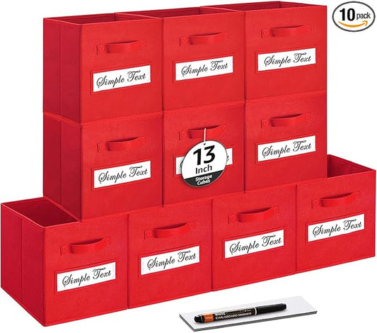13x13x13 storage cube bins(Set of 10) Fabric storage cubes with 10 Labels Window Cards & a Pen, storage cubes 13x13, Collapsible 13 inch cube storage bins, Cubby Organizer Boxes, Red