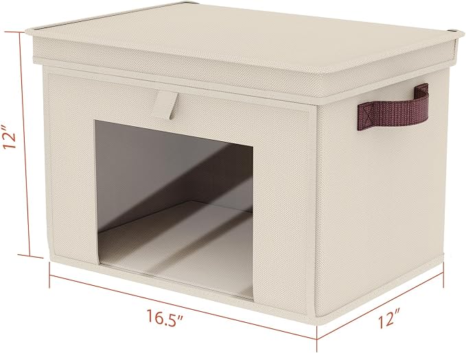 Univivi Front Opening Storage Bins with Lids for Closet, Beige, 4 Pack | Foldable Fabric Storage Cubes, Large Closet Organizers and Storage with Clear Window & Handles for Clothes Storage