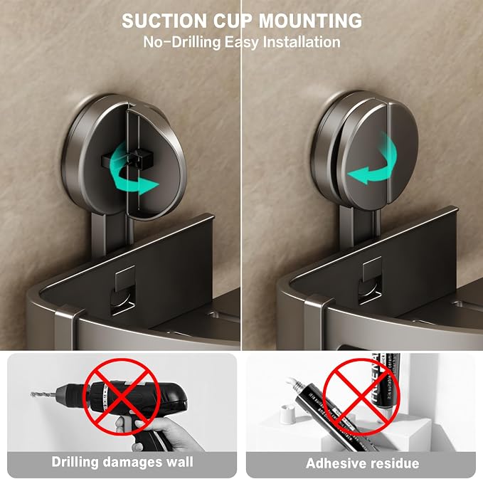 Corner Shower Caddy Suction Cup, 1 Pack Shower Shelves No Drilling, Showers Organizer Storage with Towel Bar & Removable Hooks, Bathroom Shower Shelf Rack for Inside Showers