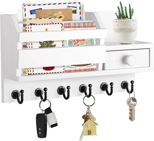 VIS'V Key Holder Wall Mount, Wooden Mail and Key Organizer, White | Contains Little Drawer, Small Shelf, 2 Slots, 6 Hooks, for Entryway, Hallway, Doorway, Kitchen, Garage, RV