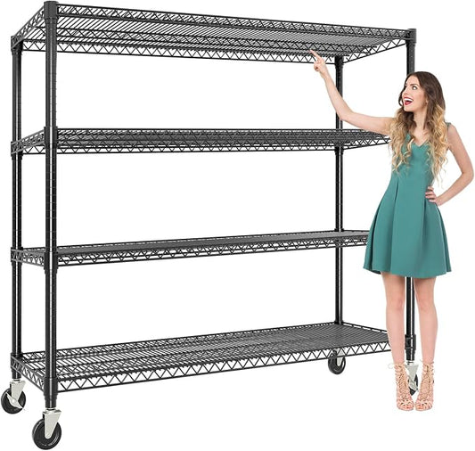 Garvee 71.8"H Metal Shelving with Wheels, 4-Tier Storage Shelves Heavy Duty | 2560LBS, Adjustable Wire Shelving Units, Rolling Steel Shelves for Garage Kitchen Industrial Pantry, 59" Wx17.7"D, Black