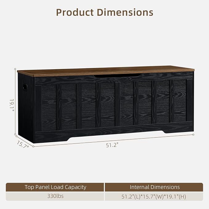 VANKILEY 51.2" Storage Chest Extra Large,Wooden Storage Bench,Black+Brown | Chest with 2 Safety Hinges, 51.2*15.7*19.1inches, Wooden Trunk for Bedroom, Livingroom,Entryway,Easy Assembly.