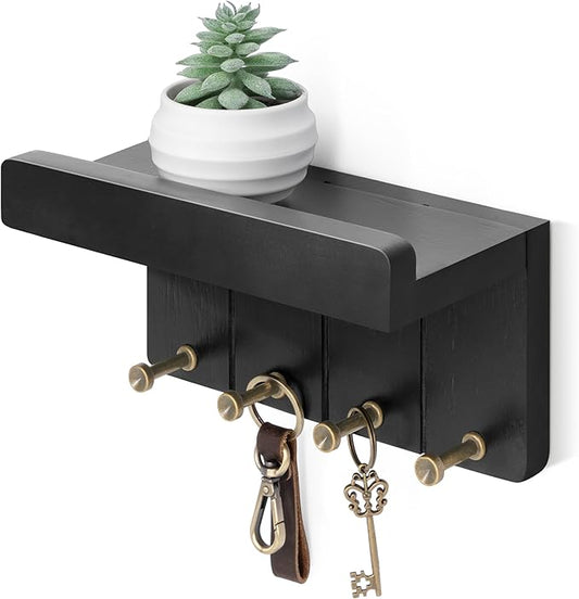 Rebee Vision Small Key Holder Wall Mount with Shelf for Entryway, Black | Mini Key and Mail Holder for Wall, 4 Key Hooks, Small Shelf for Plant Display, Aesthetic Room Decor, Space-Saving