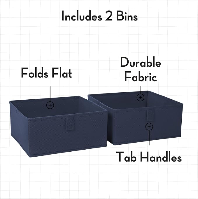 RiverRidge Folding Storage Bins - 2-pack of 5in Tall Navy Cubes | Fabric Bins, Set of 2 Storage Cubes, Pull-tab Handles, Playroom Closet Organizer, Collapsible Cubby with Bottom Board Insert