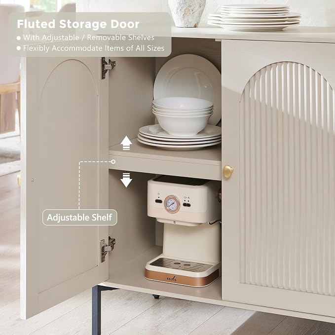 IFGET 123.5" W Modern Arched Sideboard Buffet Cabinet with Storage, Cream | Fluted Arch Sideboard Cabinet w/Adjustable Shelves, Wooden Modular Kitchen Cabinet for Dining& Living Room, Kitchen, Entryway