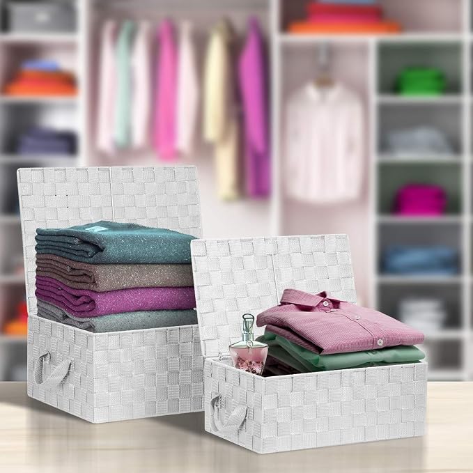 Sorbus Set of 3 Storage Baskets for Organizing with Lid, Mesh Hand-Woven Design, Linen Closet Organizers and Storage, Organizer Storage Baskets for Shelves, Variety Pack Organizers and Storage (White)