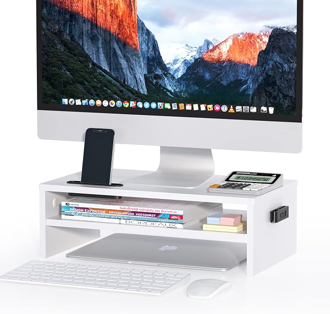BONTEC Wooden Monitor Stand Riser for Desk, 2-Tier Computer Monitor Stand with Storage, 66 lbs Desk Shelf Organizer, Laptop & Printer Stand with Phone Holder and Cable Management, White, 16.5 Inch