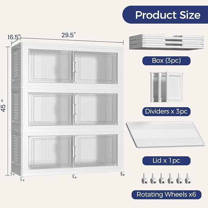 120GAL Extra Large Storage Bins with Lid, 480Qt Stackable Closet Organizers and Drawers, Collapsible Storage Bins with Wheels, Folding Containers for Home, Kitchen Office, 3Pack White