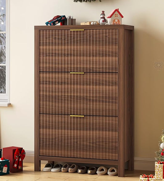 32" Fluted Shoe Cabinet Storage with 3 Flip Drawers for Entryway, Hallway | Hidden Shoe Rack Slim Freestanding Shoe Organizer with Legs for Hallway, Living Room, Walnut