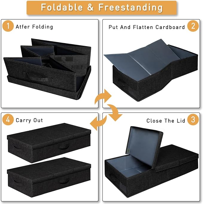 punemi 6 in Tall Stackable Under Bed Storage Containers, 3 Pack, Black | Drawer Organizers Box with Sturdy 3 Handles, Clothes Drawer Organizers, for Under Crib, Couch & Closet Storage
