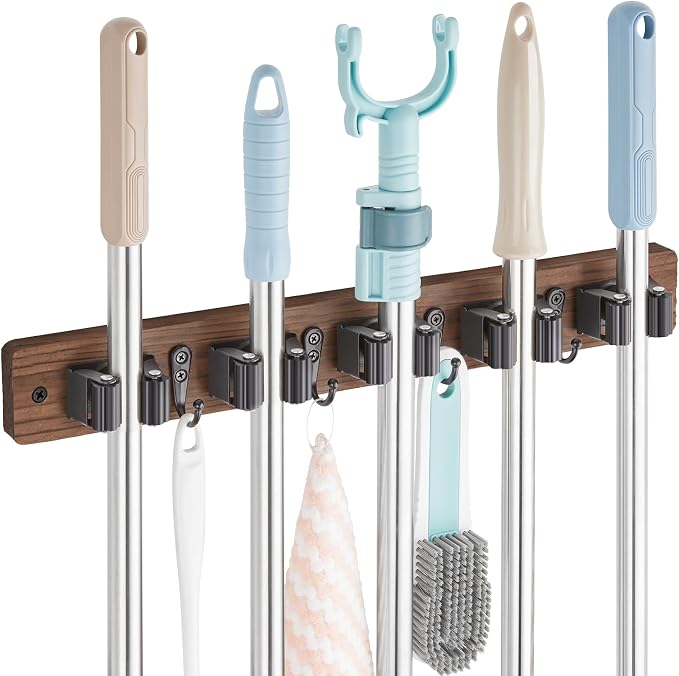 OUTNILI Mop and Broom Holder Wall Mount - Wood Broom Mop Hanger - Wall Mounted Garden Tool Rack Organizer for Closet Garage Laundry Room for Rustic Kitchen Decor With 5 Slots & 4 Hooks