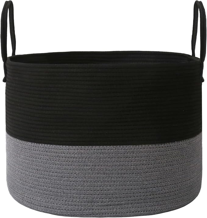JMvicyroam 65L Extra Large Machine Washable Cotton Rope Blanket Basket | Collapsible laundry hamper, Reinforced handles, For blankets, pillows, toys and clothes, Living room and bedroom, Black&Grey