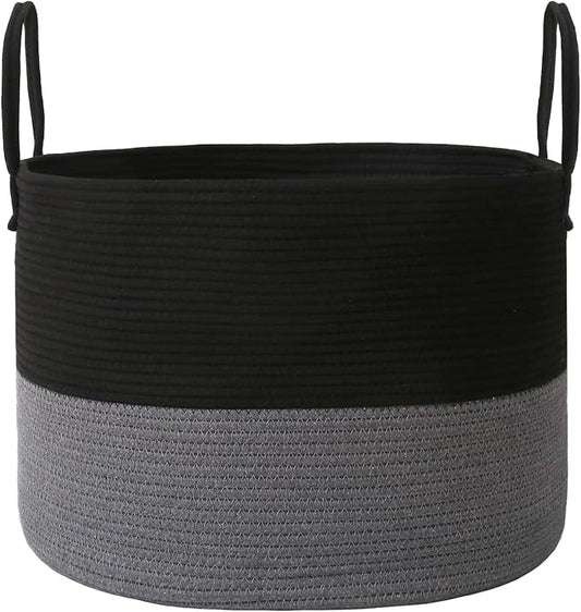 JMvicyroam 115L Extra Large Machine Washable Cotton Rope Blanket Basket | Collapsible laundry hamper, Reinforced handles, For blankets, pillows, toys and clothes, Living room and bedroom, Black&Grey
