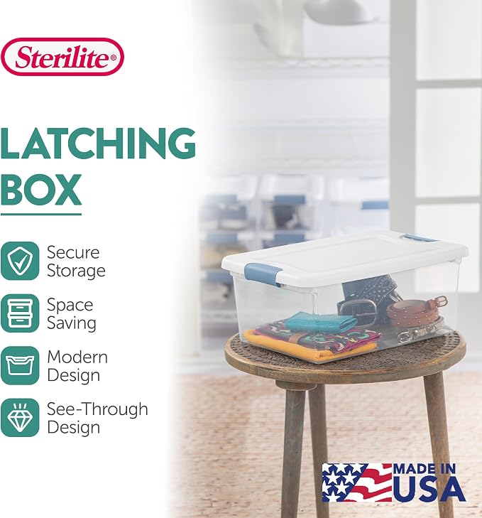 Sterilite Latching Box with Lids for Home and Office, 15 Quart, 24-Pack | Heavy-Duty and Stackable Plastic Containers with Latches for Closet, Cabinet, Bedroom, Bathroom and Dorm Room Organization